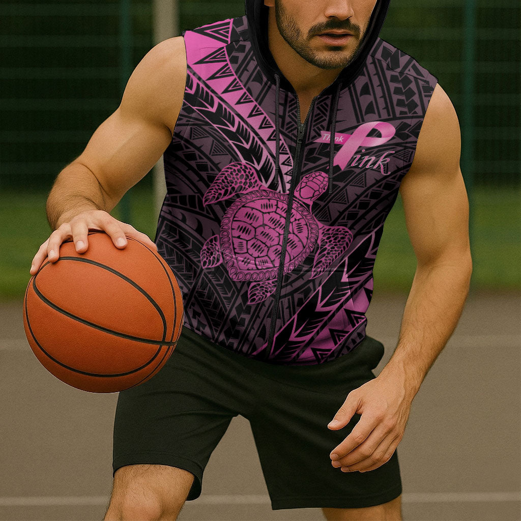 Breast Cancer Awareness Personalised Sleeveless Zip Hoodie Pink Ribbon Turtle Polynesian Pattern Black LT22 - Polynesian Pride
