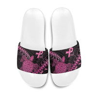 Breast Cancer Awareness Slide Sandals Pink Ribbon Turtle Polynesian Pattern Black LT22 Pink - Polynesian Pride