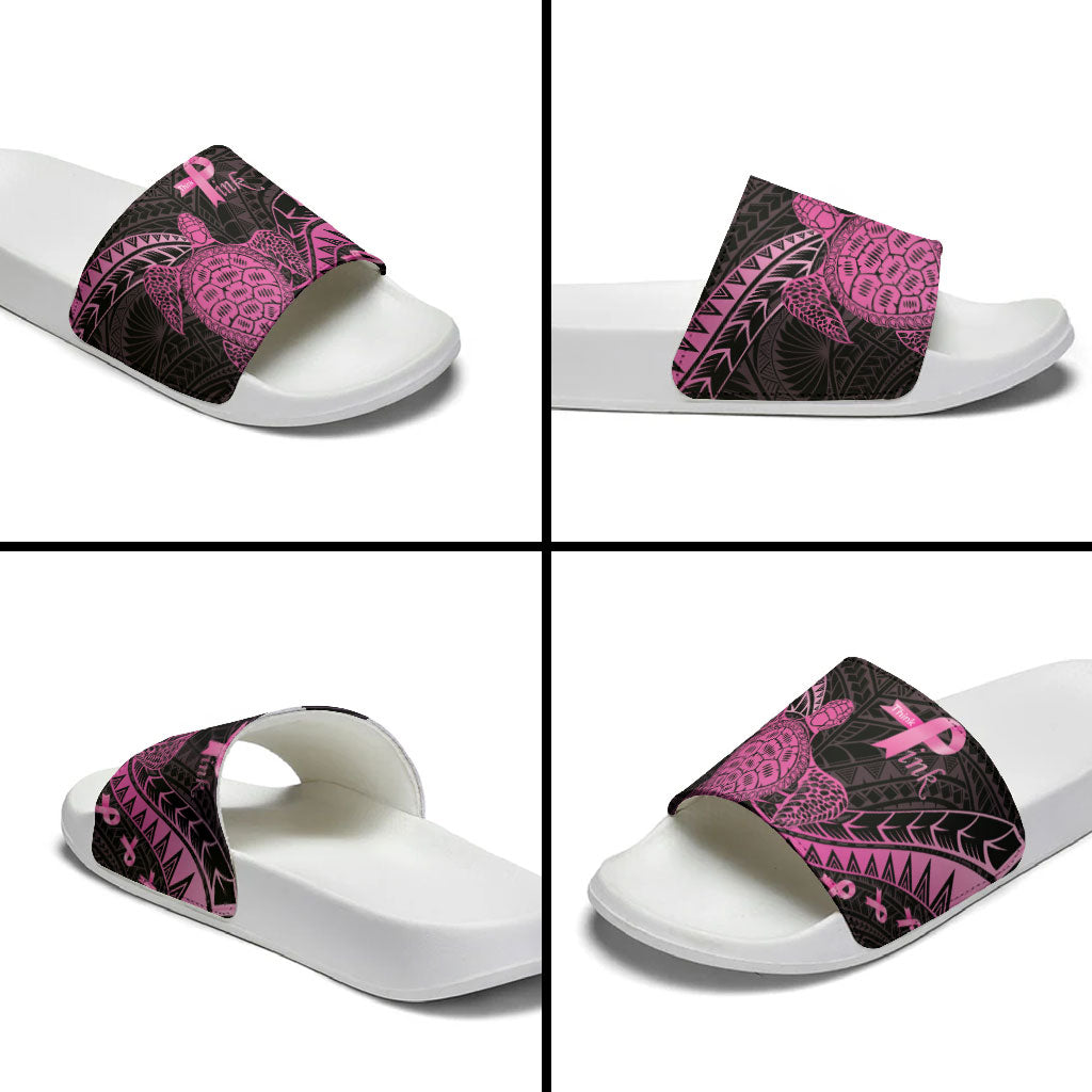 Breast Cancer Awareness Slide Sandals Pink Ribbon Turtle Polynesian Pattern Black LT22 - Polynesian Pride
