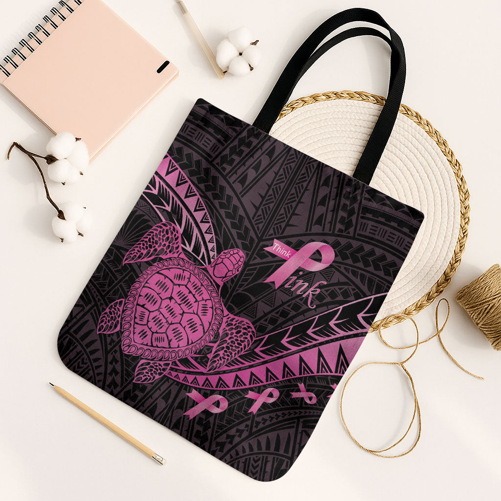 Breast Cancer Awareness Tote Bag Pink Ribbon Turtle Polynesian Pattern Black LT22 Black Strap One Size Pink - Polynesian Pride