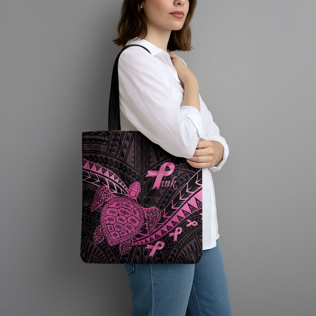 Breast Cancer Awareness Tote Bag Pink Ribbon Turtle Polynesian Pattern Black LT22 - Polynesian Pride
