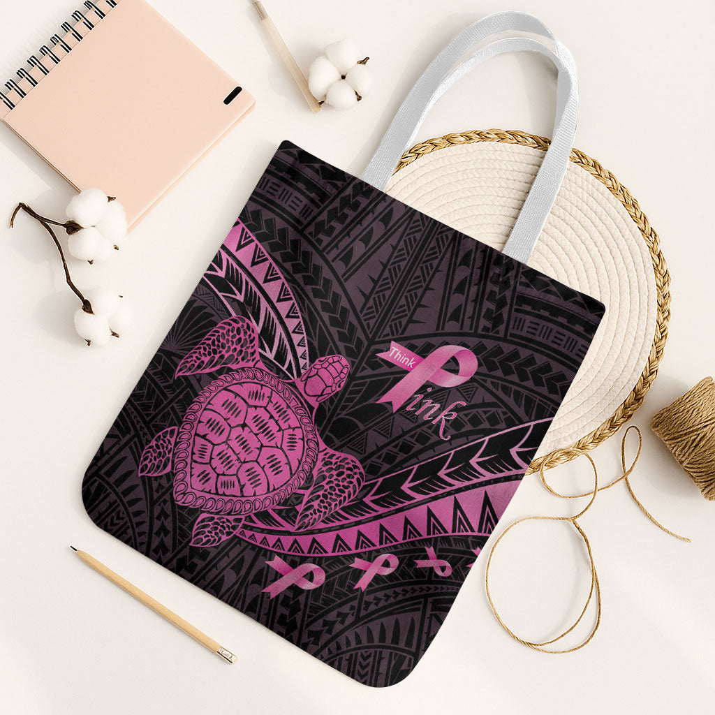 Breast Cancer Awareness Tote Bag Pink Ribbon Turtle Polynesian Pattern Black LT22 White Strap One Size Pink - Polynesian Pride