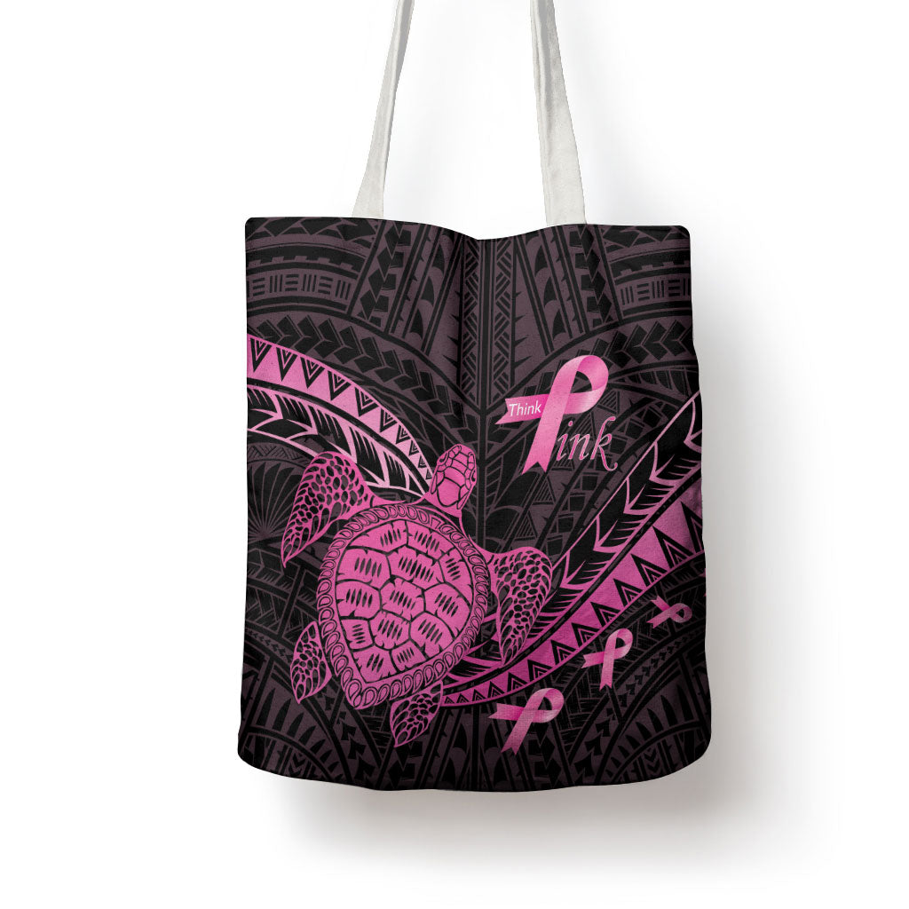 Breast Cancer Awareness Tote Bag Pink Ribbon Turtle Polynesian Pattern Black LT22 - Polynesian Pride