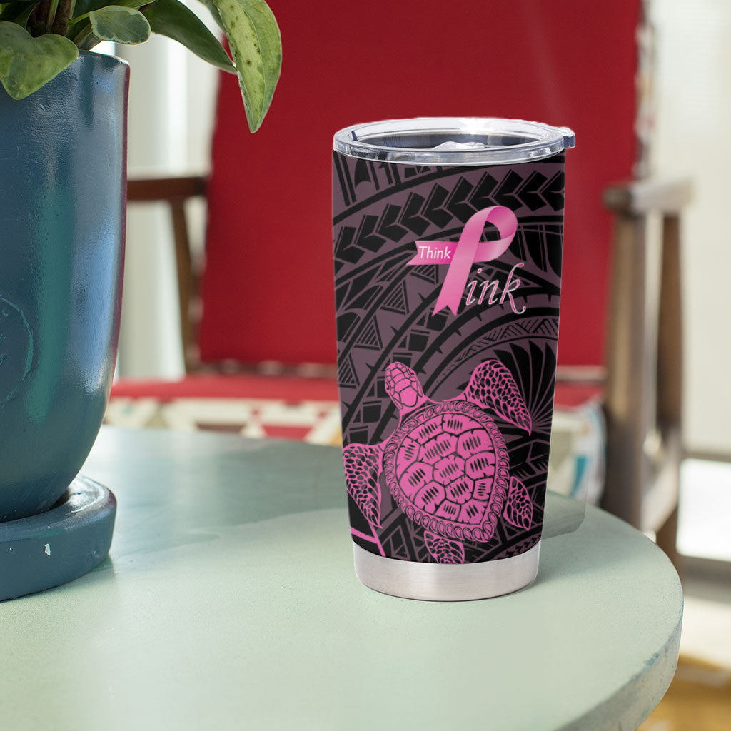 Breast Cancer Awareness Personalised Tumbler Cup Pink Ribbon Turtle Polynesian Pattern Black LT22 - Polynesian Pride