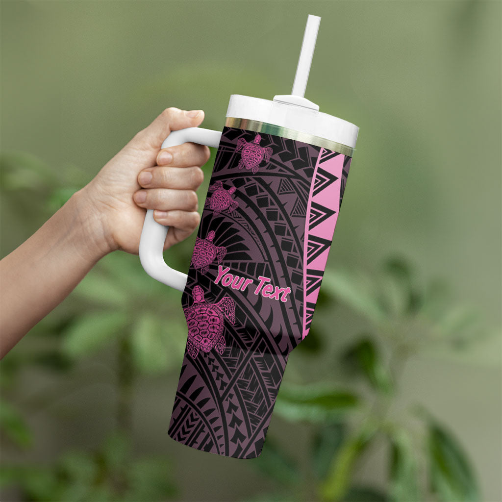 Breast Cancer Awareness Personalised Tumbler With Handle Pink Ribbon Turtle Polynesian Pattern Black LT22 - Polynesian Pride