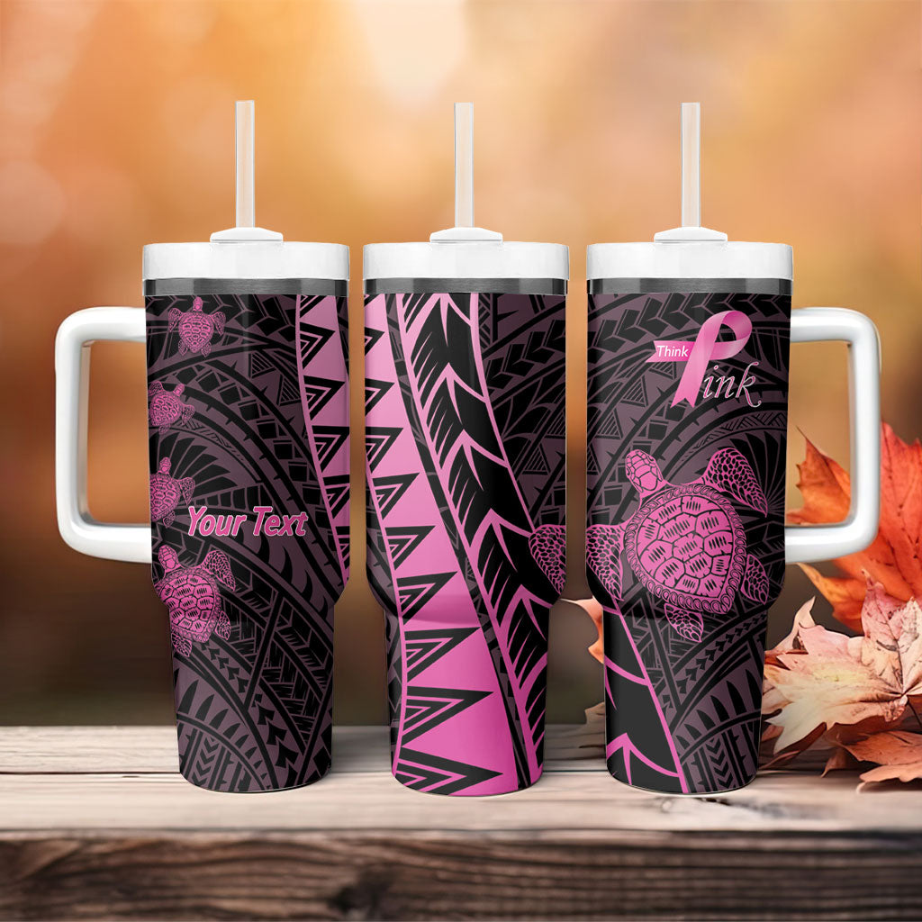Breast Cancer Awareness Personalised Tumbler With Handle Pink Ribbon Turtle Polynesian Pattern Black LT22 - Polynesian Pride