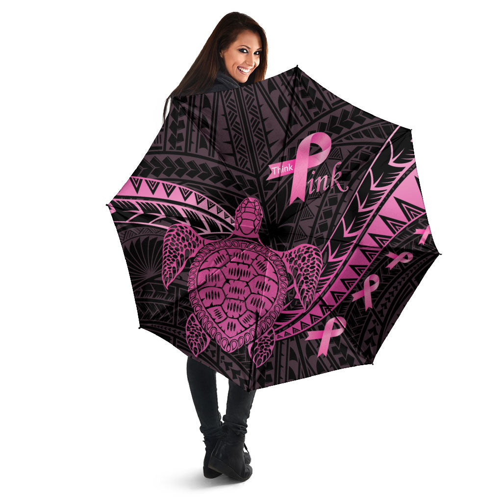 Breast Cancer Awareness Umbrella Pink Ribbon Turtle Polynesian Pattern Black LT22 - Polynesian Pride