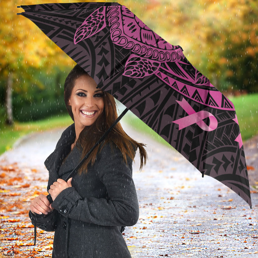 Breast Cancer Awareness Umbrella Pink Ribbon Turtle Polynesian Pattern Black LT22 - Polynesian Pride