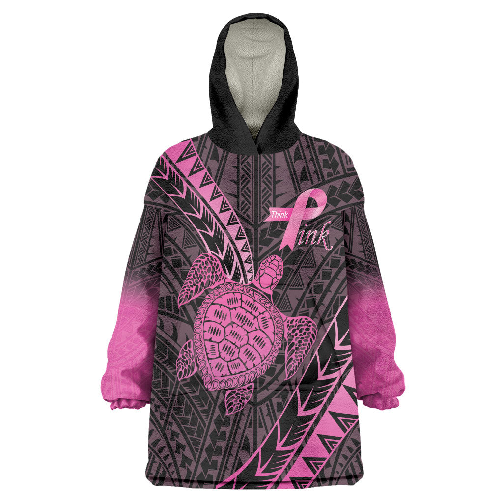Breast Cancer Awareness Personalised Wearable Blanket Hoodie Pink Ribbon Turtle Polynesian Pattern Black LT22 One Size Pink - Polynesian Pride
