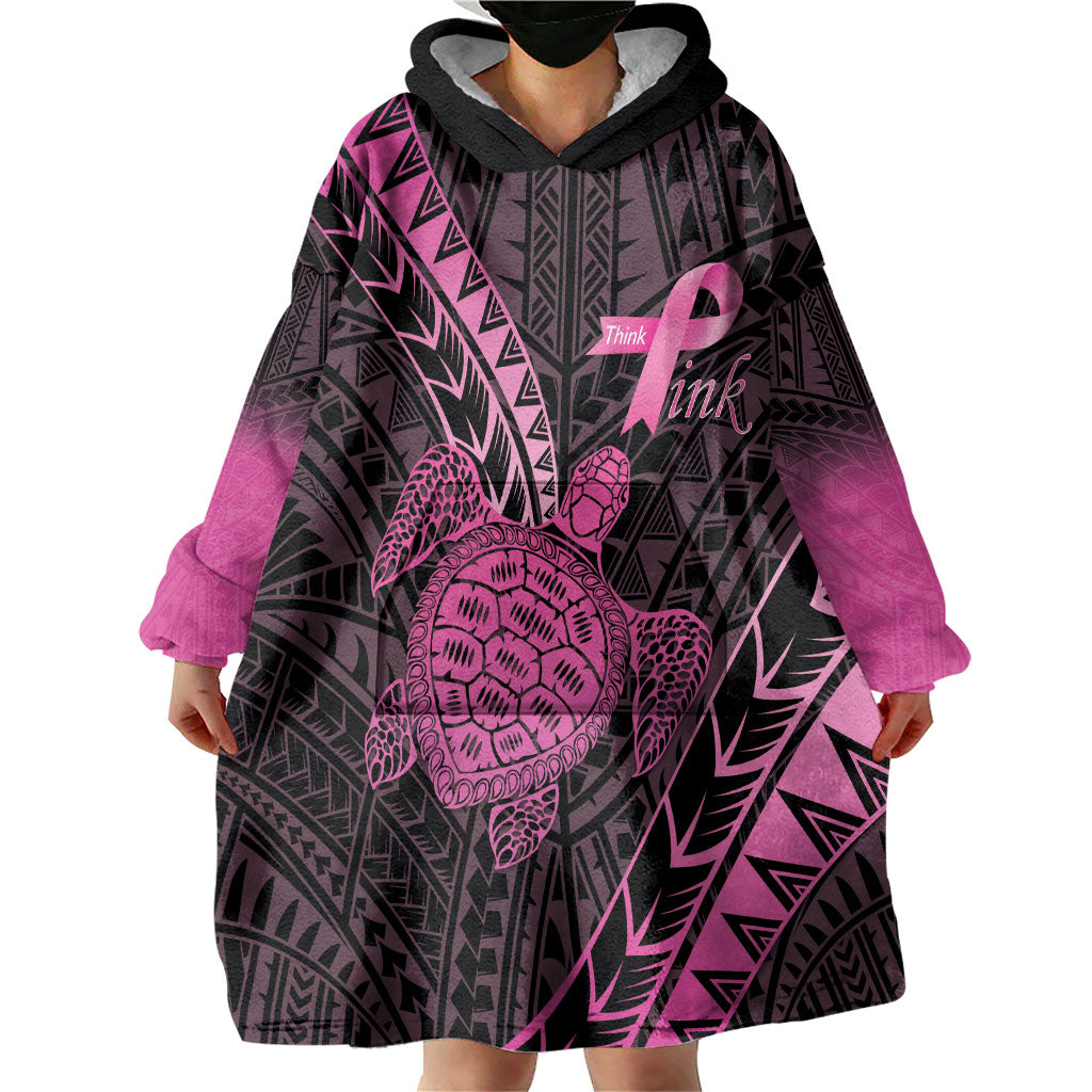 Breast Cancer Awareness Personalised Wearable Blanket Hoodie Pink Ribbon Turtle Polynesian Pattern Black LT22 - Polynesian Pride