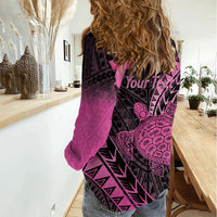 Breast Cancer Awareness Personalised Women Casual Shirt Pink Ribbon Turtle Polynesian Pattern Black LT22 - Polynesian Pride