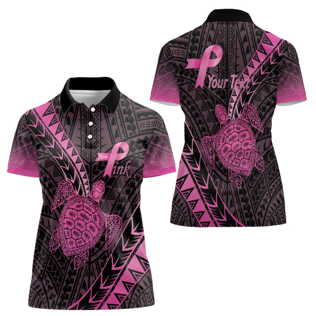 Breast Cancer Awareness Personalised Women Polo Shirt Pink Ribbon Turtle Polynesian Pattern Black LT22 - Polynesian Pride