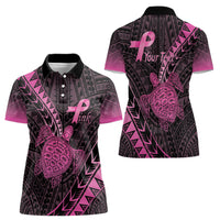Breast Cancer Awareness Personalised Women Polo Shirt Pink Ribbon Turtle Polynesian Pattern Black LT22 - Polynesian Pride