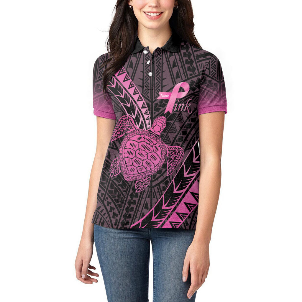 Breast Cancer Awareness Personalised Women Polo Shirt Pink Ribbon Turtle Polynesian Pattern Black LT22 - Polynesian Pride