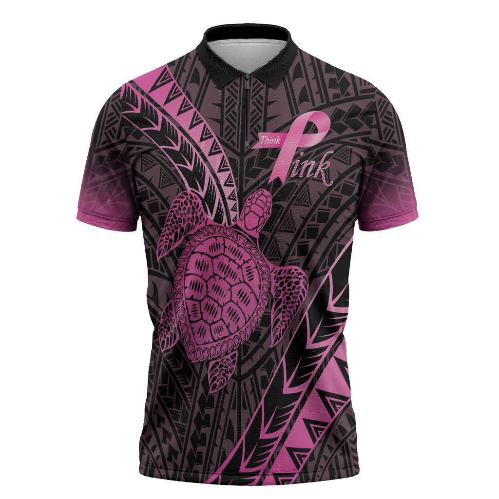 Breast Cancer Awareness Personalised Zipper Polo Shirt Pink Ribbon Turtle Polynesian Pattern Black LT22 Pink - Polynesian Pride