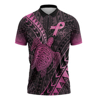 Breast Cancer Awareness Personalised Zipper Polo Shirt Pink Ribbon Turtle Polynesian Pattern Black LT22 Pink - Polynesian Pride