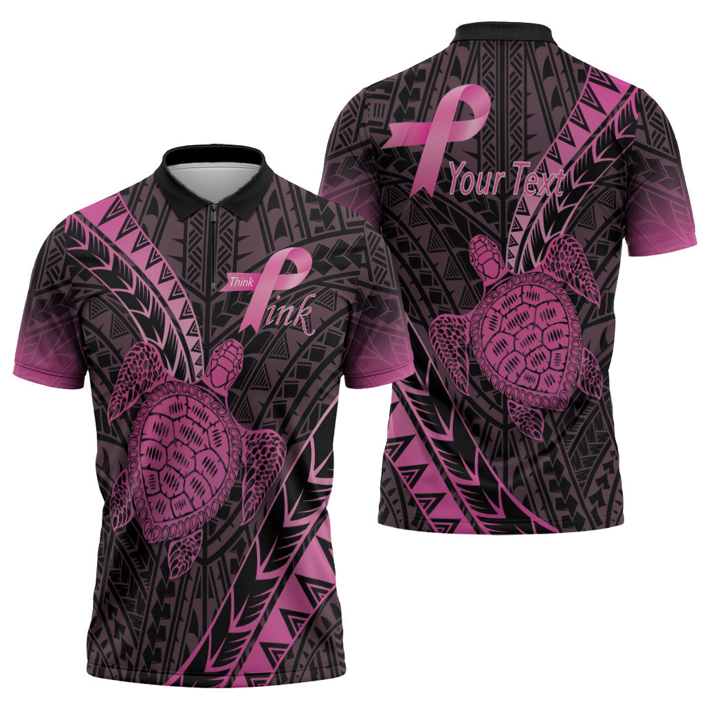 Breast Cancer Awareness Personalised Zipper Polo Shirt Pink Ribbon Turtle Polynesian Pattern Black LT22 - Polynesian Pride