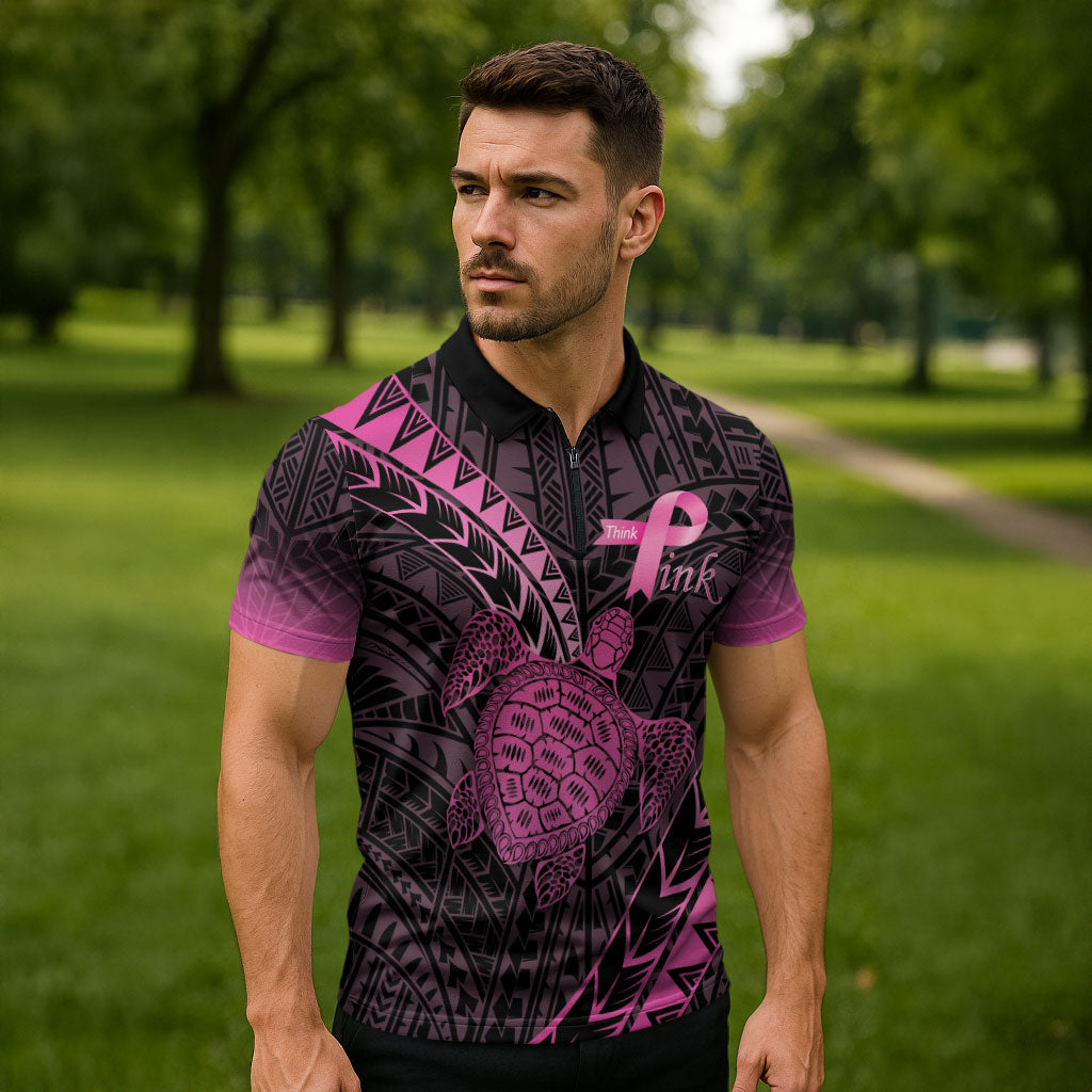 Breast Cancer Awareness Personalised Zipper Polo Shirt Pink Ribbon Turtle Polynesian Pattern Black LT22 - Polynesian Pride