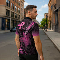 Breast Cancer Awareness Personalised Zipper Polo Shirt Pink Ribbon Turtle Polynesian Pattern Black LT22 - Polynesian Pride