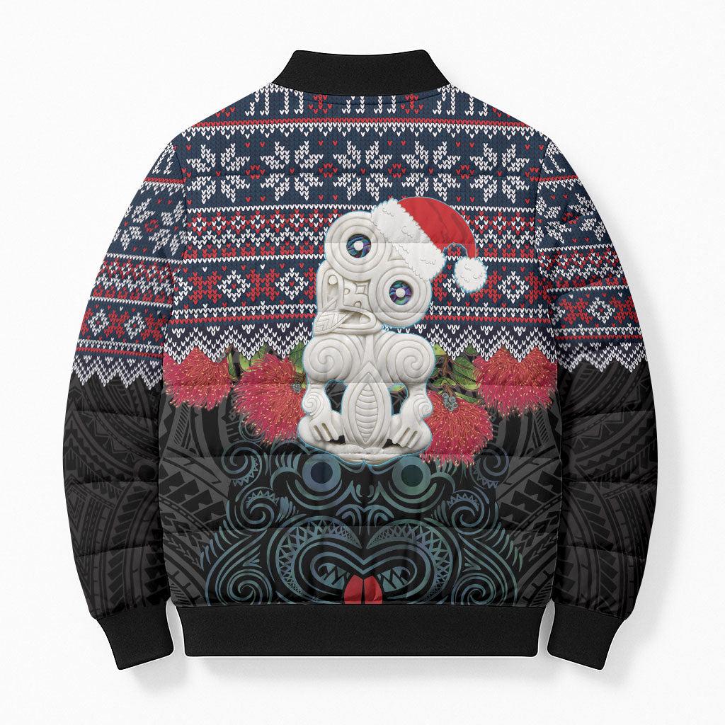 New Zealand Hei Tiki Christmas In July Bomber Puffer Jacket Pohutukawa Santa Xmas Polynesian Pattern