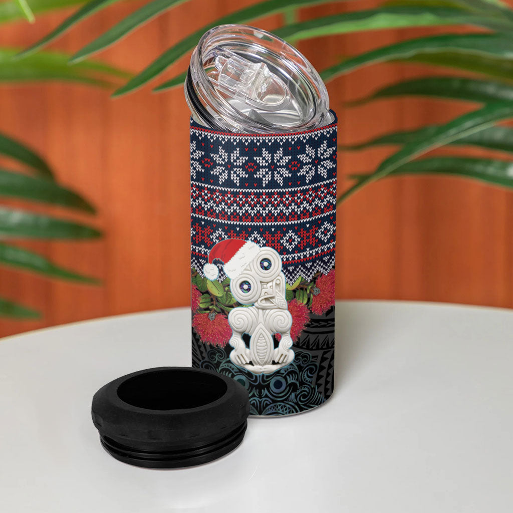 New Zealand Hei Tiki Christmas In July 4 in 1 Can Cooler Tumbler Pohutukawa Santa Xmas Polynesian Pattern