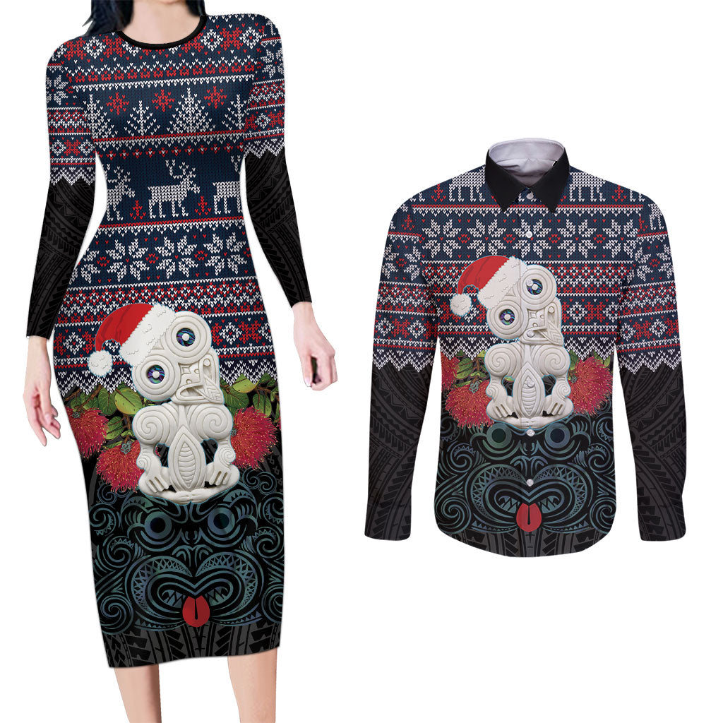 New Zealand Hei Tiki Christmas In July Couples Matching Long Sleeve Bodycon Dress and Long Sleeve Button Shirt Pohutukawa Santa Xmas Polynesian Pattern LT22 Black - Polynesian Pride