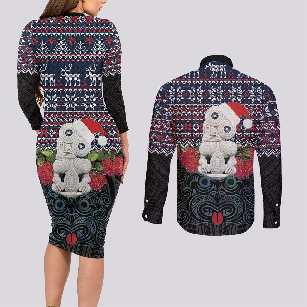 New Zealand Hei Tiki Christmas In July Couples Matching Long Sleeve Bodycon Dress and Long Sleeve Button Shirt Pohutukawa Santa Xmas Polynesian Pattern