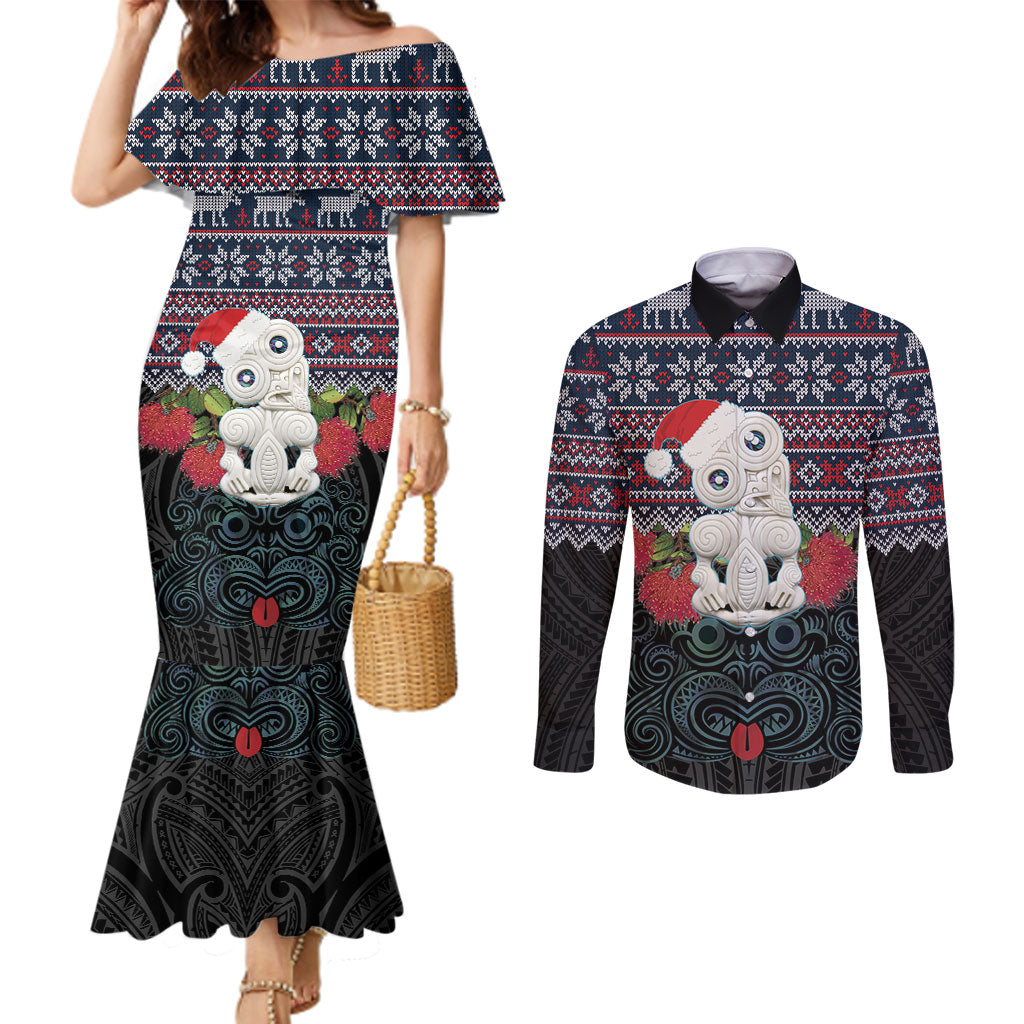 New Zealand Hei Tiki Christmas In July Couples Matching Mermaid Dress and Long Sleeve Button Shirt Pohutukawa Santa Xmas Polynesian Pattern