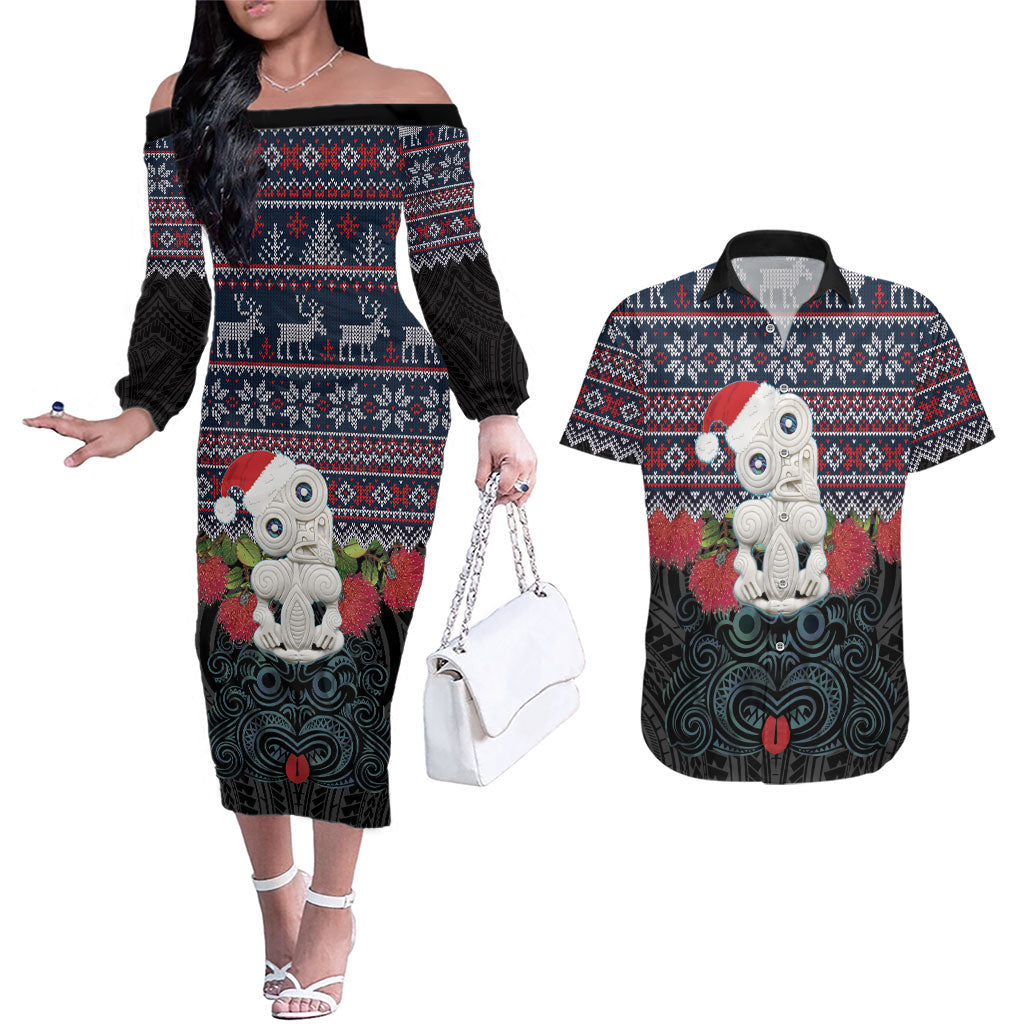 New Zealand Hei Tiki Christmas In July Couples Matching Off The Shoulder Long Sleeve Dress and Hawaiian Shirt Pohutukawa Santa Xmas Polynesian Pattern LT22 Black - Polynesian Pride
