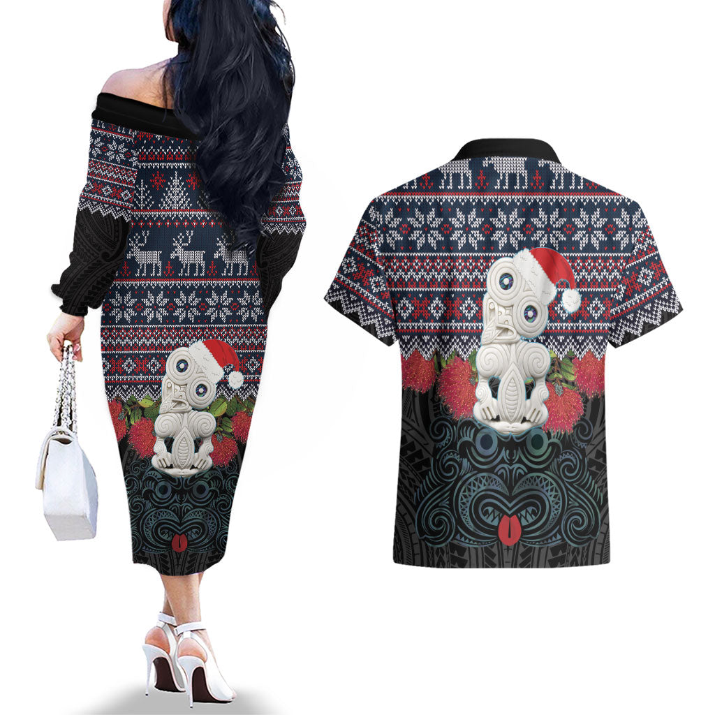 New Zealand Hei Tiki Christmas In July Couples Matching Off The Shoulder Long Sleeve Dress and Hawaiian Shirt Pohutukawa Santa Xmas Polynesian Pattern