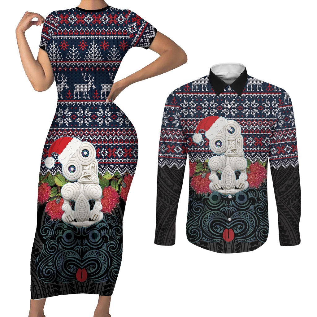 New Zealand Hei Tiki Christmas In July Couples Matching Short Sleeve Bodycon Dress and Long Sleeve Button Shirt Pohutukawa Santa Xmas Polynesian Pattern