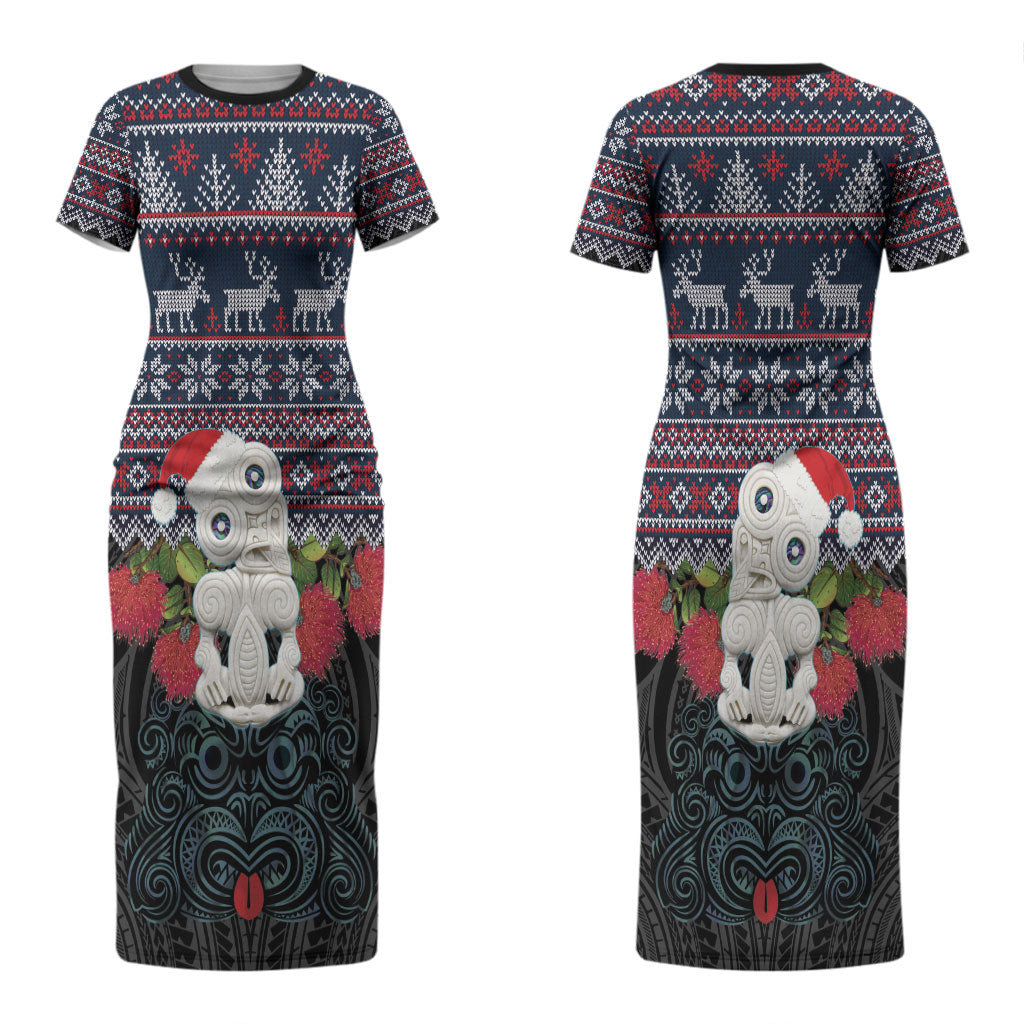 New Zealand Hei Tiki Christmas In July Couples Matching Short Sleeve Bodycon Dress and Long Sleeve Button Shirt Pohutukawa Santa Xmas Polynesian Pattern LT22 - Polynesian Pride