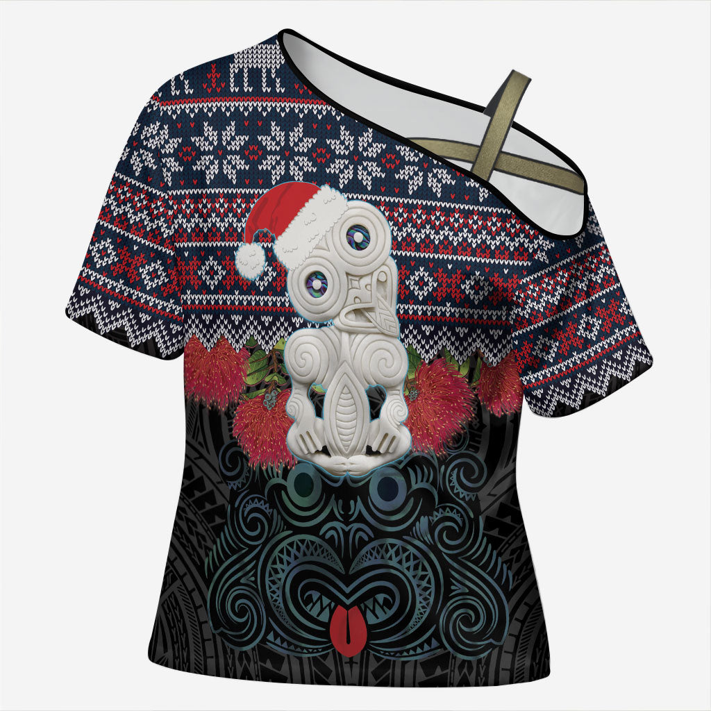 New Zealand Hei Tiki Christmas In July Cross Shoulder Shirt Pohutukawa Santa Xmas Polynesian Pattern