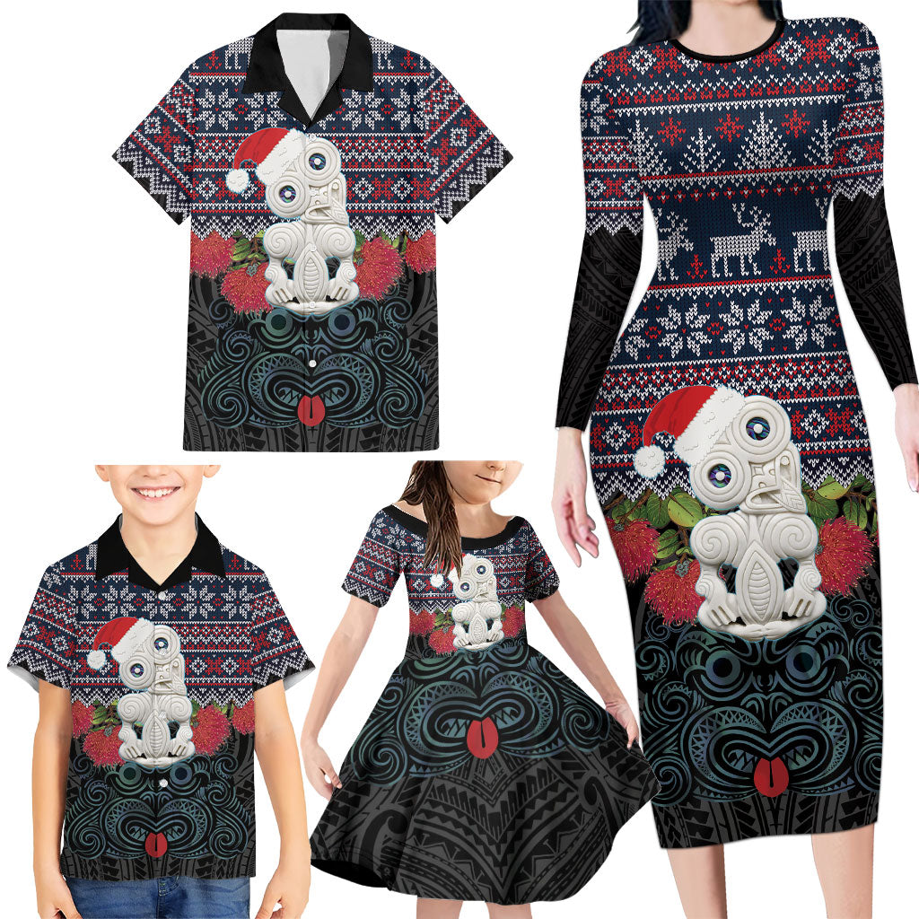 New Zealand Hei Tiki Christmas In July Family Matching Long Sleeve Bodycon Dress and Hawaiian Shirt Pohutukawa Santa Xmas Polynesian Pattern
