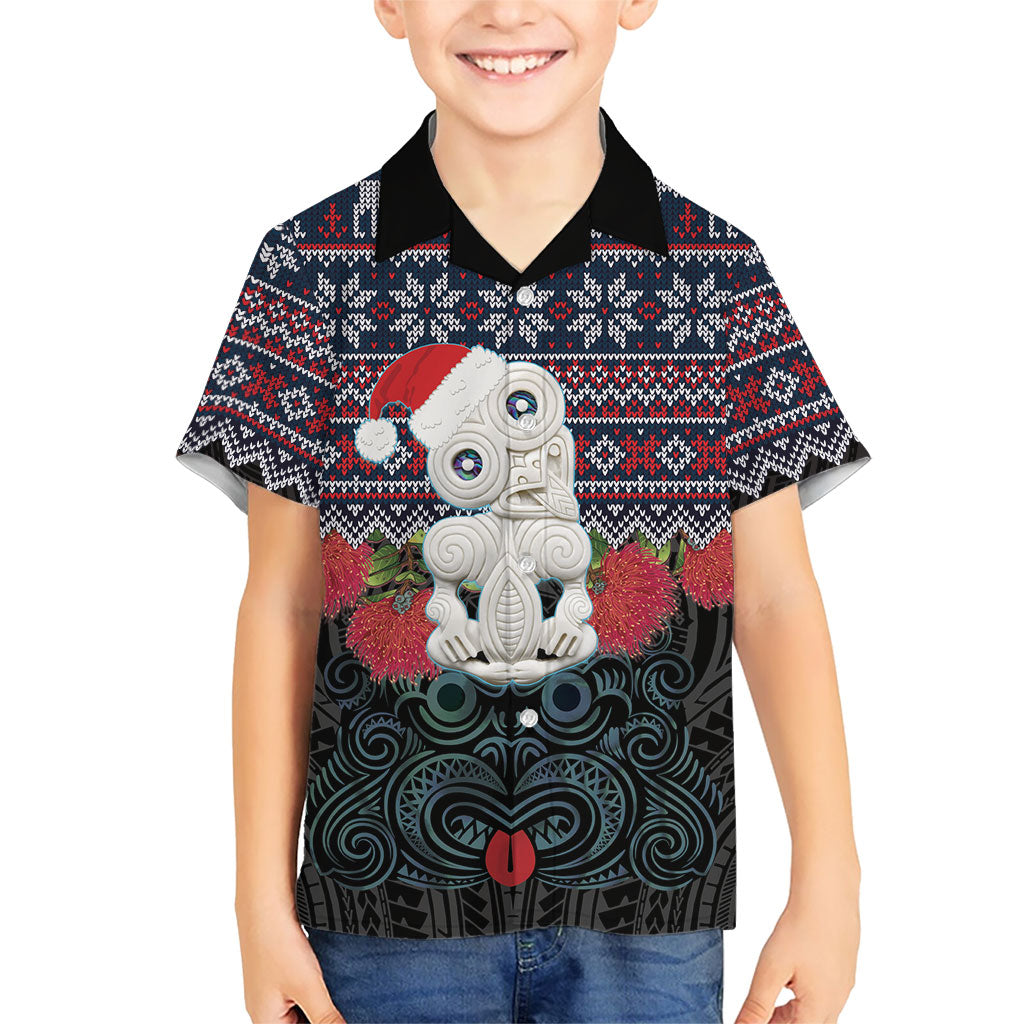 New Zealand Hei Tiki Christmas In July Kid Hawaiian Shirt Pohutukawa Santa Xmas Polynesian Pattern LT22 Kid Black - Polynesian Pride