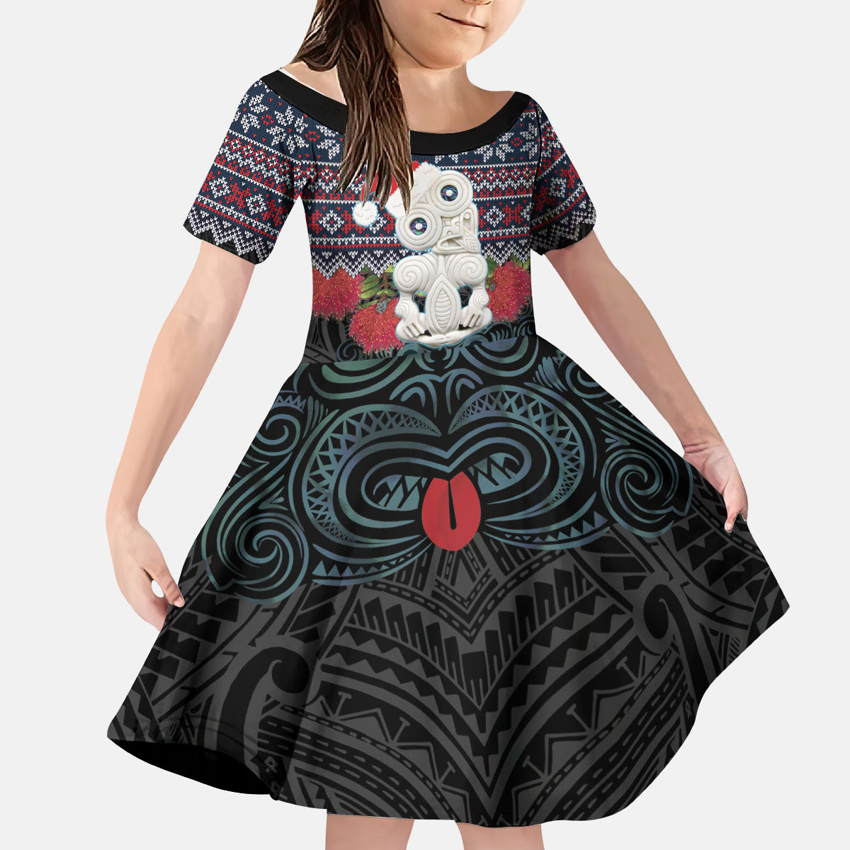 New Zealand Hei Tiki Christmas In July Kid Short Sleeve Dress Pohutukawa Santa Xmas Polynesian Pattern