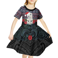 New Zealand Hei Tiki Christmas In July Kid Short Sleeve Dress Pohutukawa Santa Xmas Polynesian Pattern