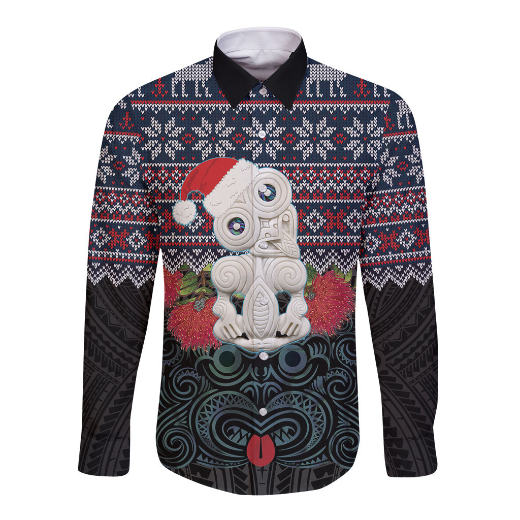 New Zealand Hei Tiki Christmas In July Long Sleeve Button Shirt Pohutukawa Santa Xmas Polynesian Pattern LT22 Unisex Black - Polynesian Pride