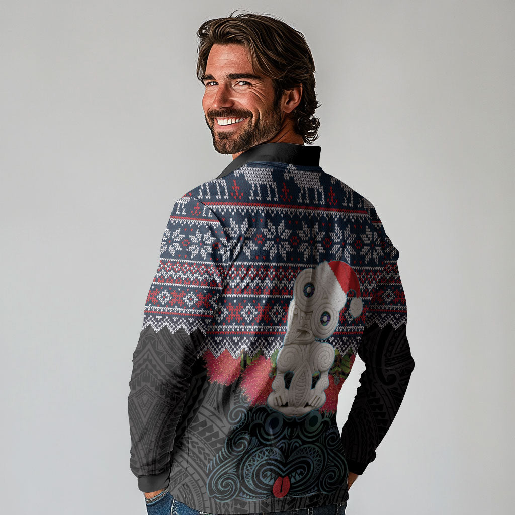 New Zealand Hei Tiki Christmas In July Long Sleeve Polo Shirt Pohutukawa Santa Xmas Polynesian Pattern
