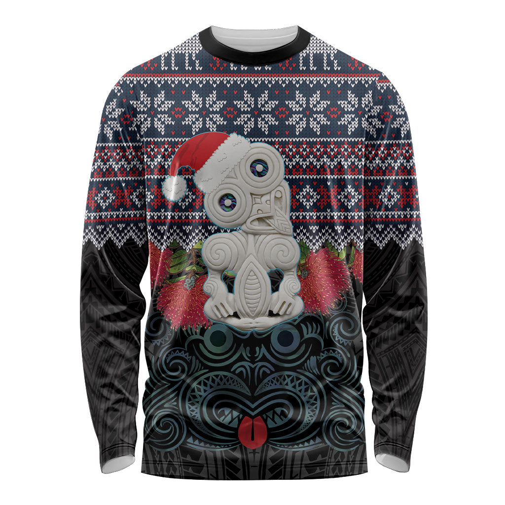 New Zealand Hei Tiki Christmas In July Long Sleeve Shirt Pohutukawa Santa Xmas Polynesian Pattern LT22 Unisex Black - Polynesian Pride