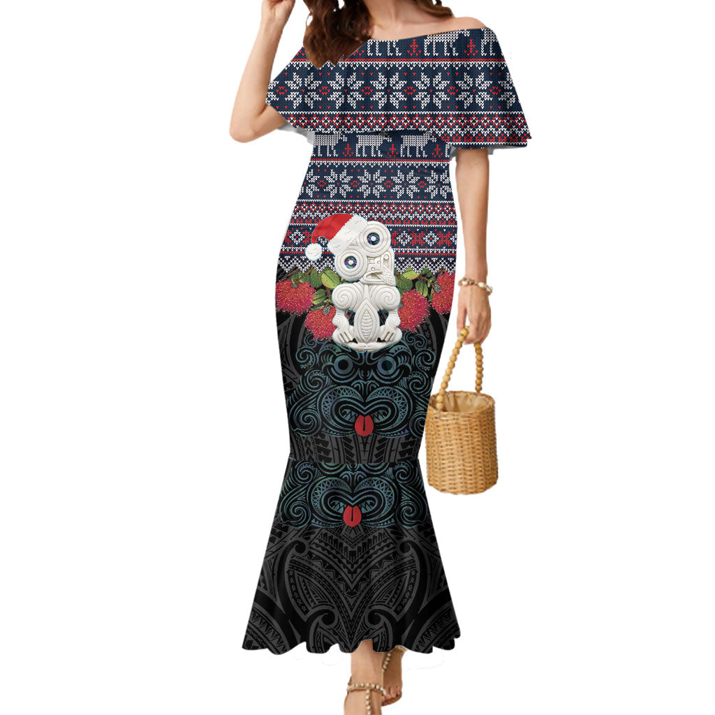 New Zealand Hei Tiki Christmas In July Mermaid Dress Pohutukawa Santa Xmas Polynesian Pattern LT22 Women Black - Polynesian Pride
