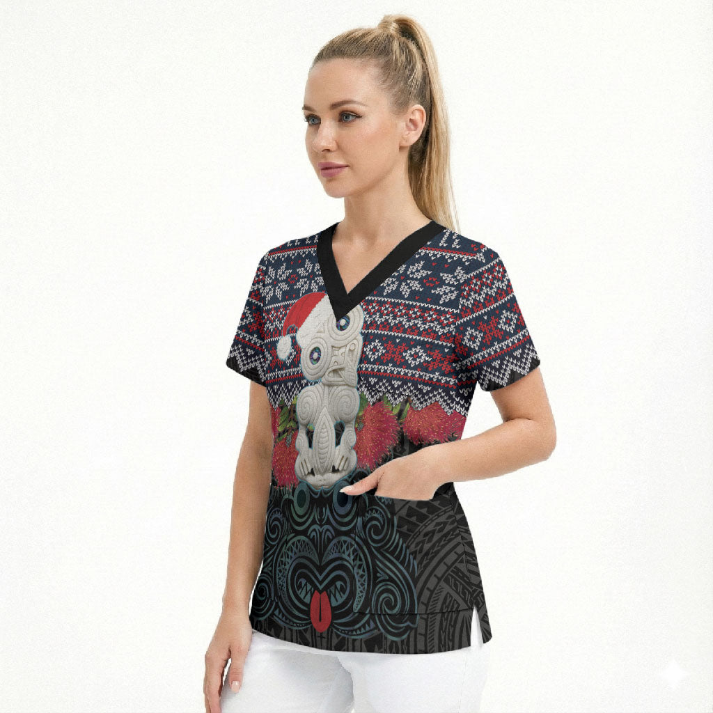 New Zealand Hei Tiki Christmas In July Scrub Top Pohutukawa Santa Xmas Polynesian Pattern