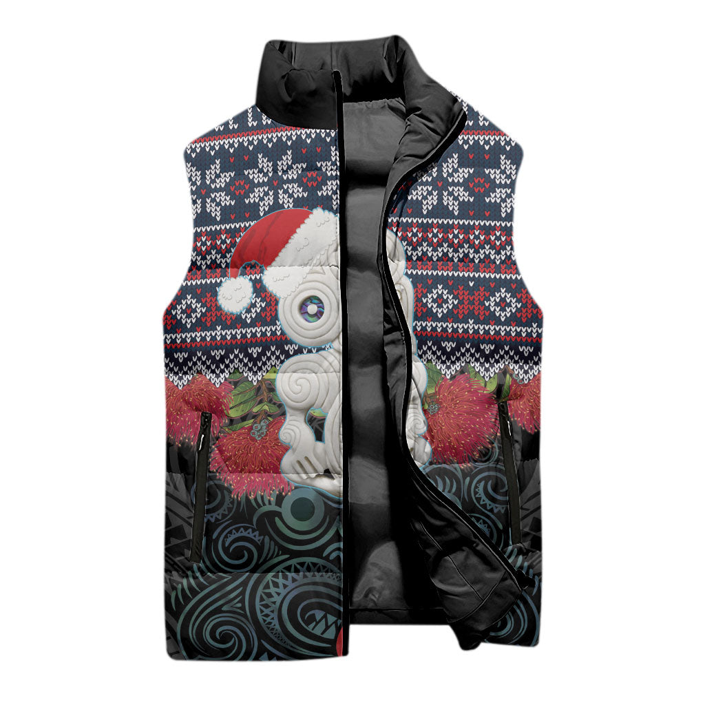 New Zealand Hei Tiki Christmas In July Sleeveless Puffer Jacket Pohutukawa Santa Xmas Polynesian Pattern