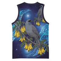 New Zealand Kokako Bird Basketball Jersey Kowhai Galaxy Style Polynesian Pattern