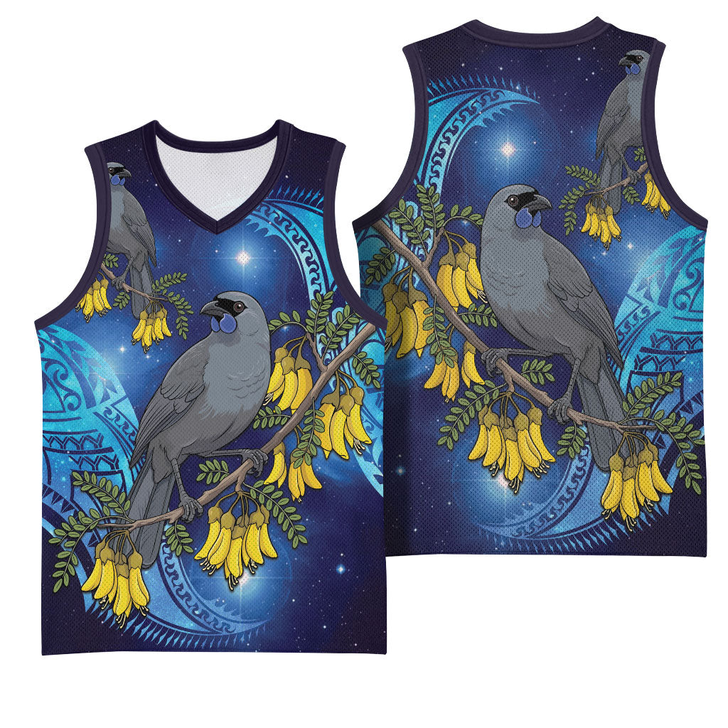 New Zealand Kokako Bird Basketball Jersey Kowhai Galaxy Style Polynesian Pattern