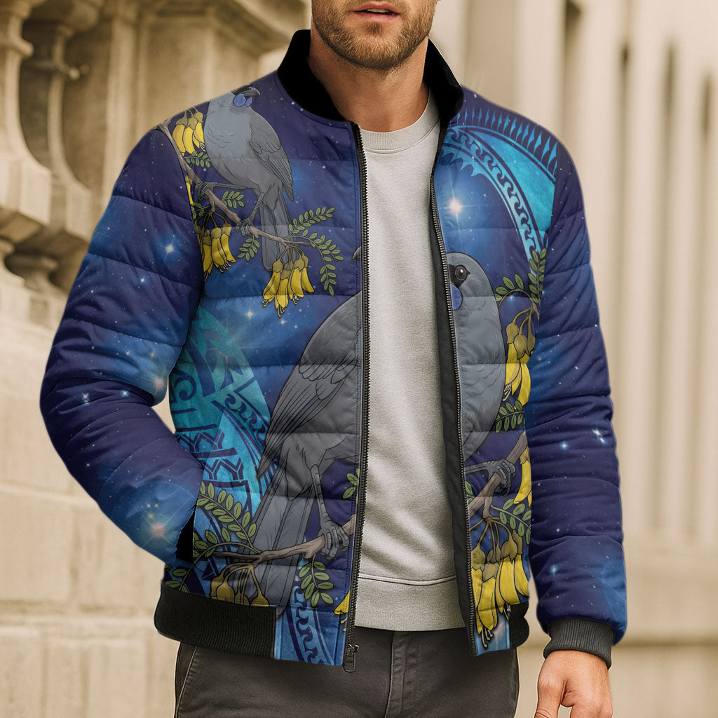New Zealand Kokako Bird Bomber Puffer Jacket Kowhai Galaxy Style Polynesian Pattern