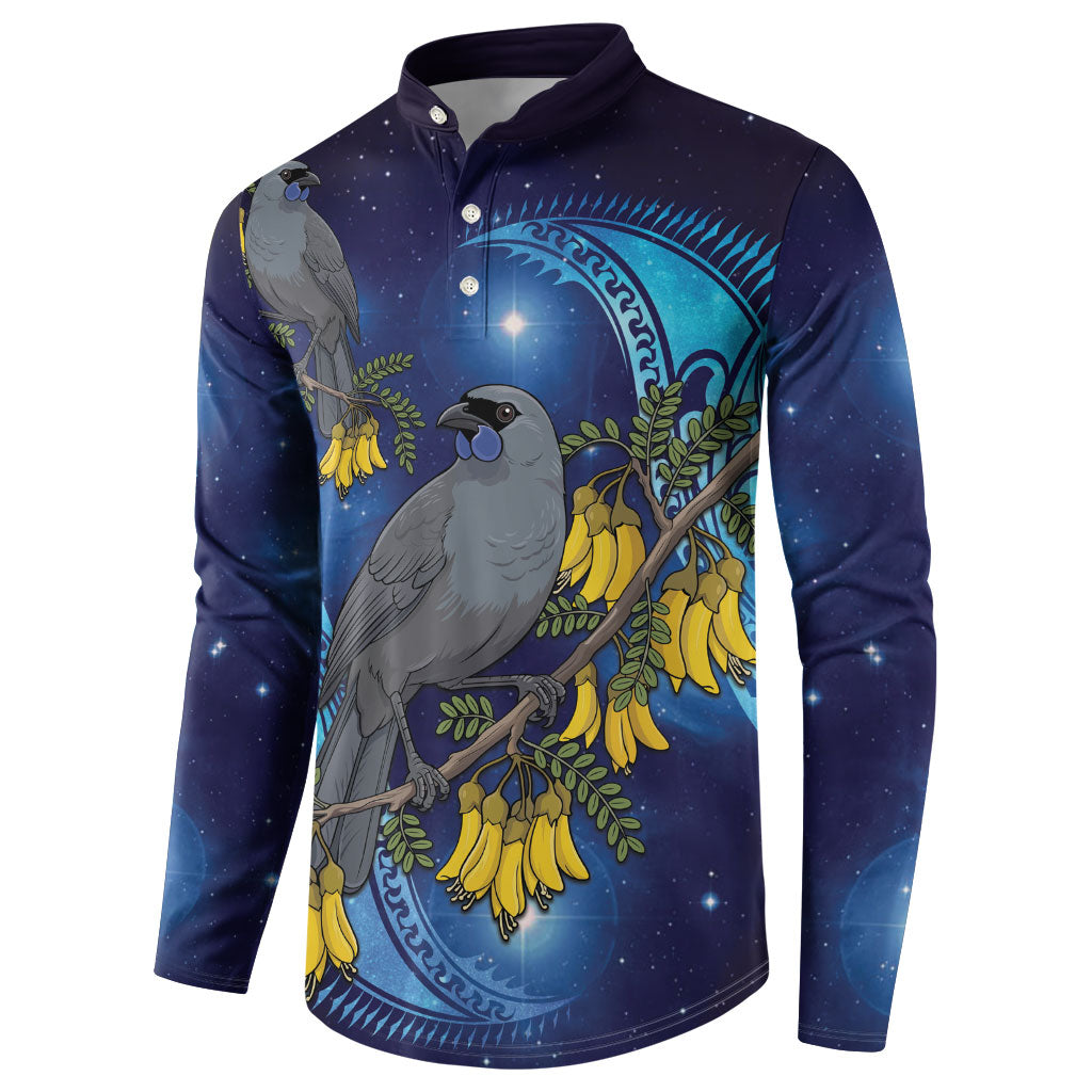 New Zealand Kokako Bird Button Sweatshirt Kowhai Galaxy Style Polynesian Pattern