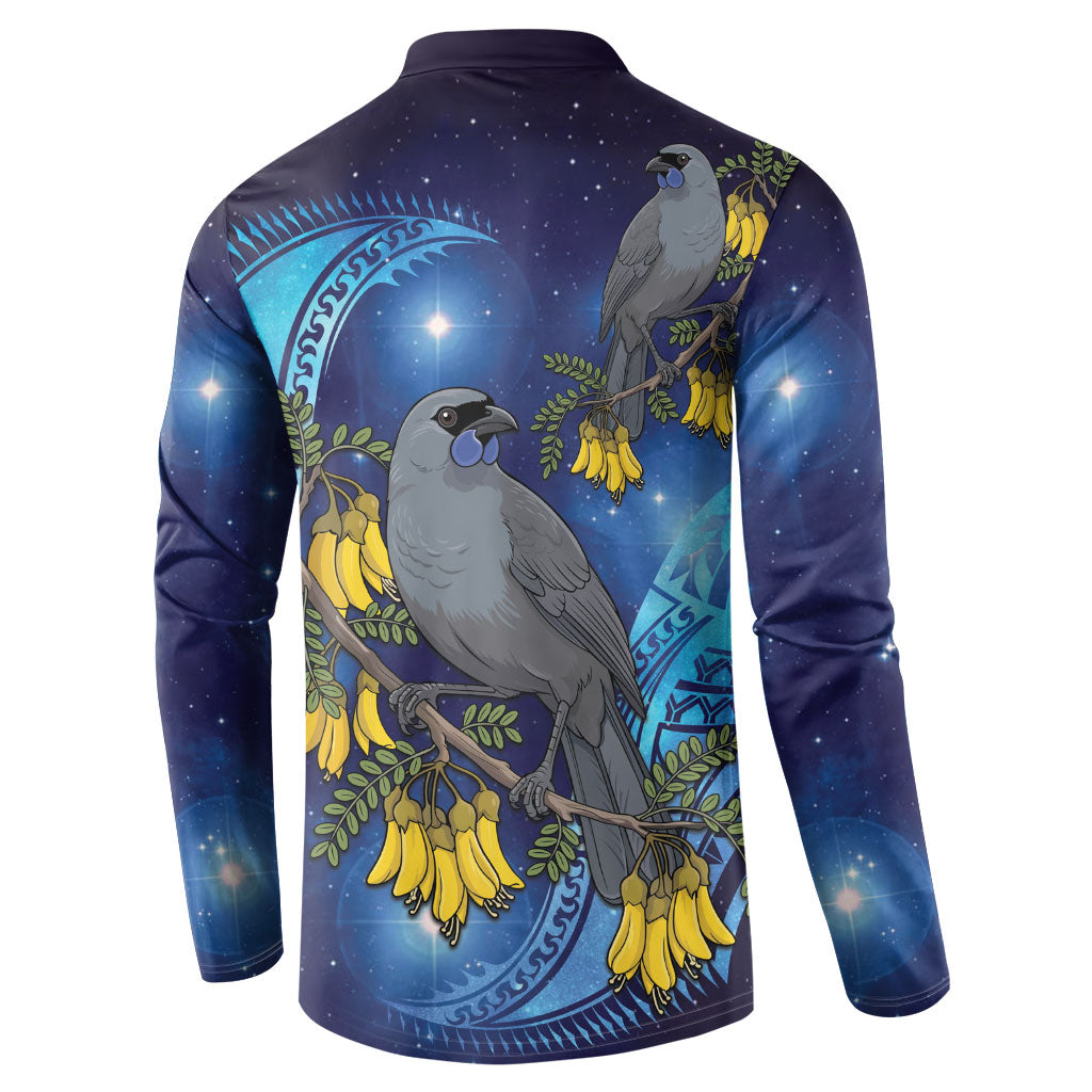 New Zealand Kokako Bird Button Sweatshirt Kowhai Galaxy Style Polynesian Pattern