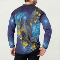 New Zealand Kokako Bird Button Sweatshirt Kowhai Galaxy Style Polynesian Pattern