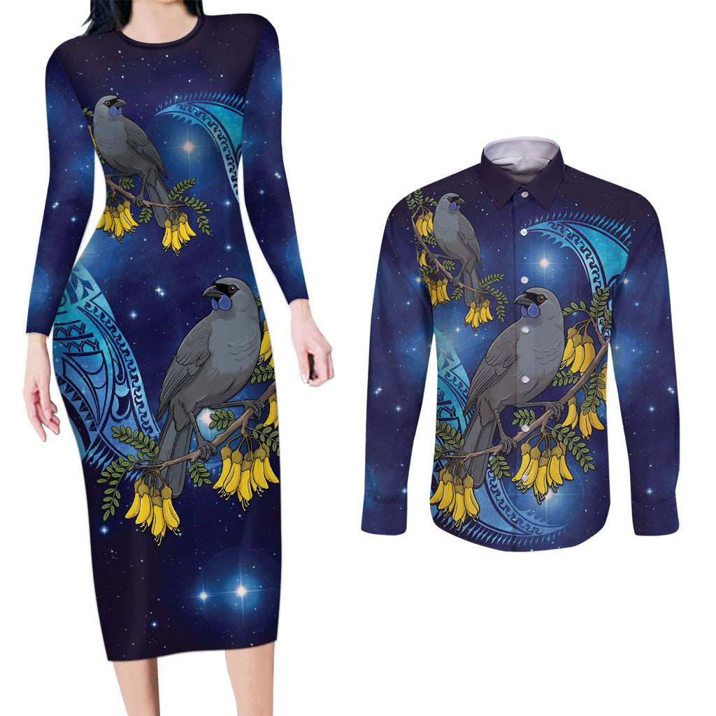 New Zealand Kokako Bird Couples Matching Long Sleeve Bodycon Dress and Long Sleeve Button Shirt Kowhai Galaxy Style Polynesian Pattern LT22 Blue - Polynesian Pride